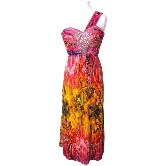 Betsy & Adam Retro Print One Shoulder Rhinestone Embellished Dress 2 EUC - Picture 1 of 9